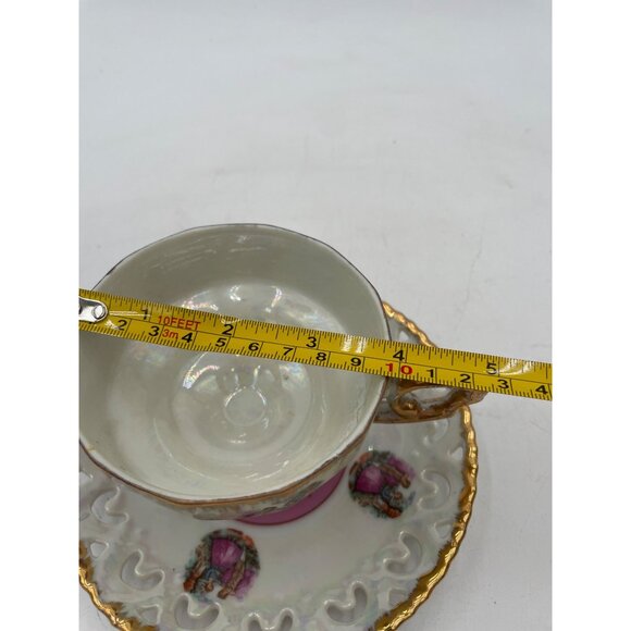 Vintage Porcelain Teacup & Saucer Set With Gold Trim & Romantic Scene Design - Picture 8 of 8